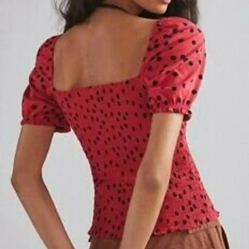 NEW ANTHROPOLOGIE DOLAN BLOUSE XL POLKA DOT SMOCK TOP RED BLACK PUFF SLEEVE NWOT - Picture 9 of 10